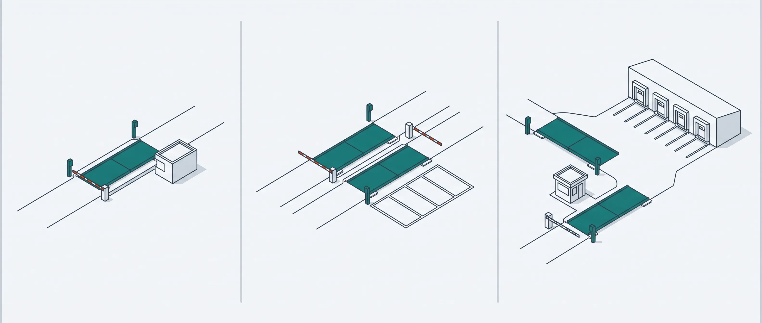 Ba mặt bằng cùng một hệ thống bố trí ba cách khác nhau: một làn với một barrier và một bàn cân; hai làn vào ra riêng với hai bàn cân và sân chờ chia ô; và làn vào có bàn cân, chốt kiểm tra rẽ nhánh, bàn cân thứ hai rồi dãy bến bốc xếp