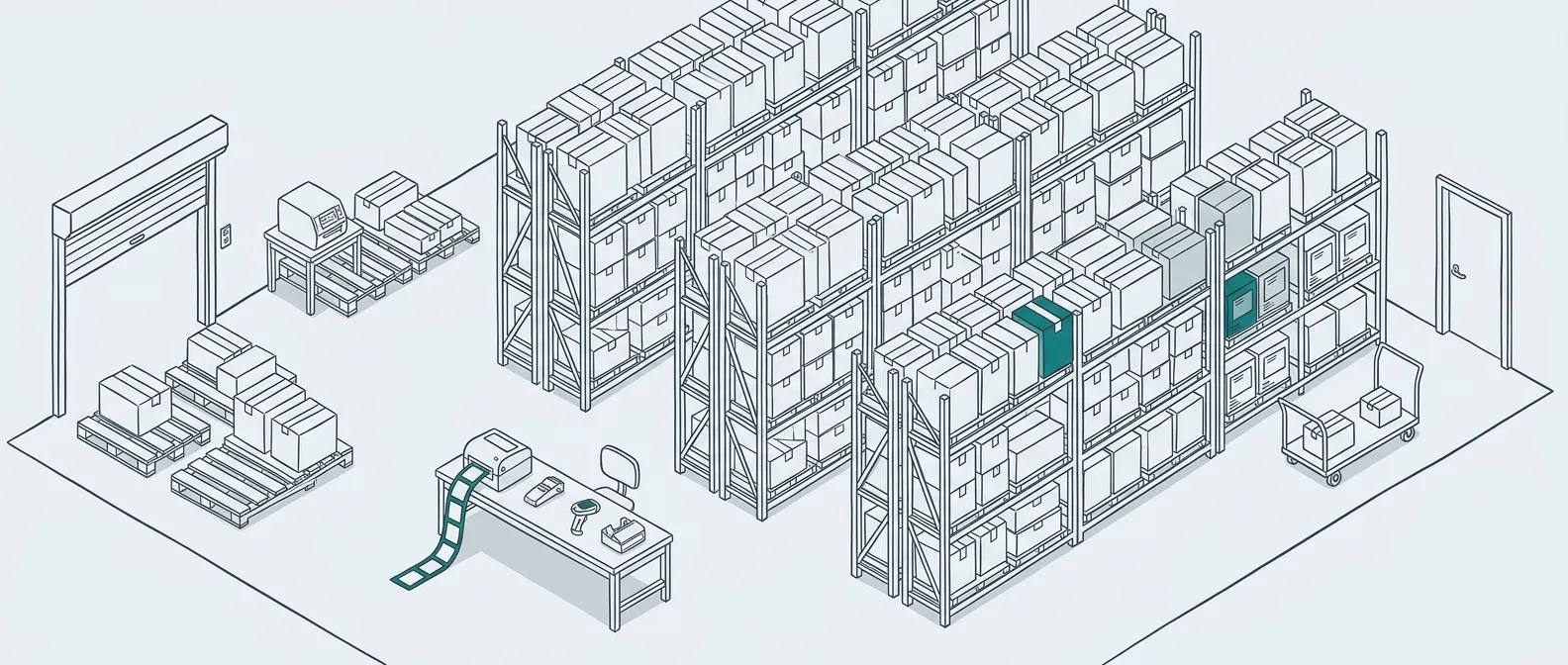 Mặt cắt sàn kho: khu tiếp nhận, bàn in tem, ba dãy kệ pallet ba tầng chia ô rõ ràng và khu soạn hàng cạnh cửa xuất