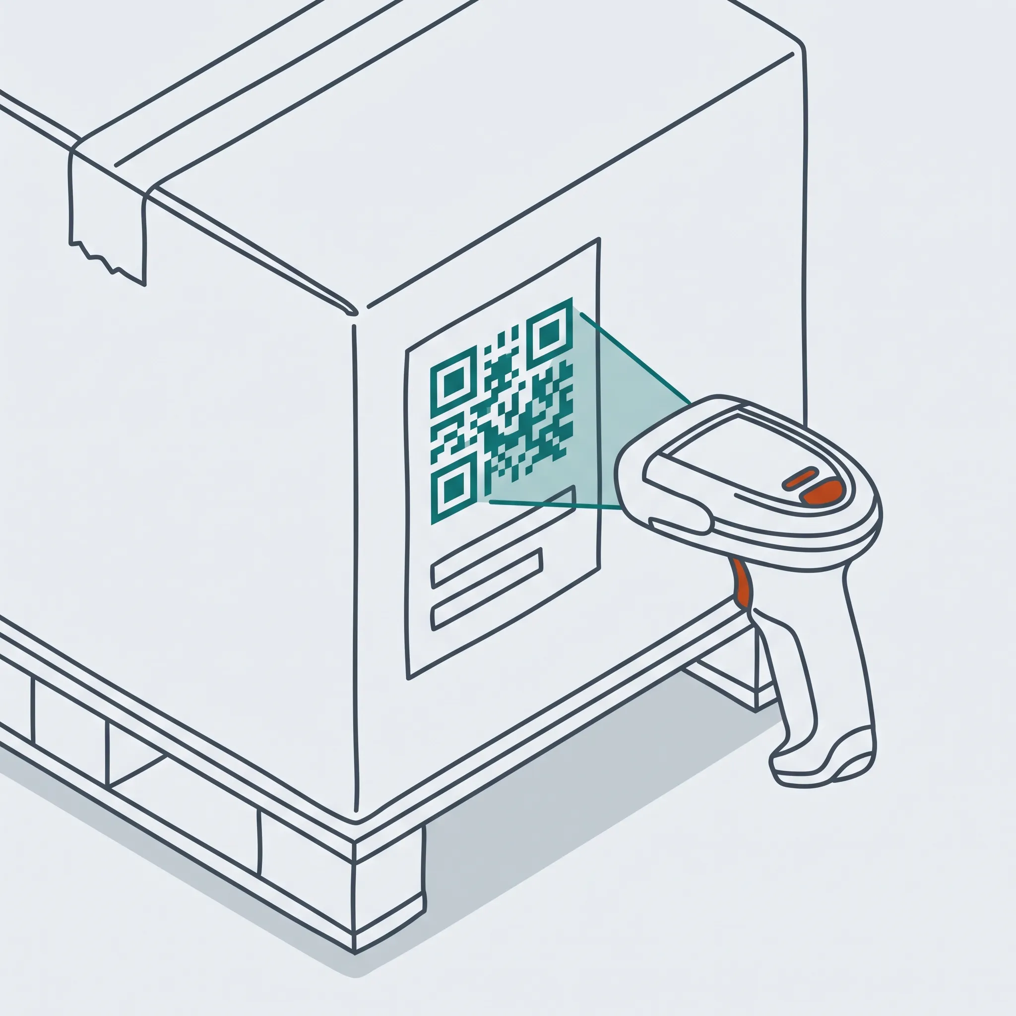 Cận cảnh một thùng carton trên pallet, mặt trước dán tem có mã QR và vài dòng thông tin, một máy quét cầm tay công nghiệp đang chiếu tia đọc vào mã