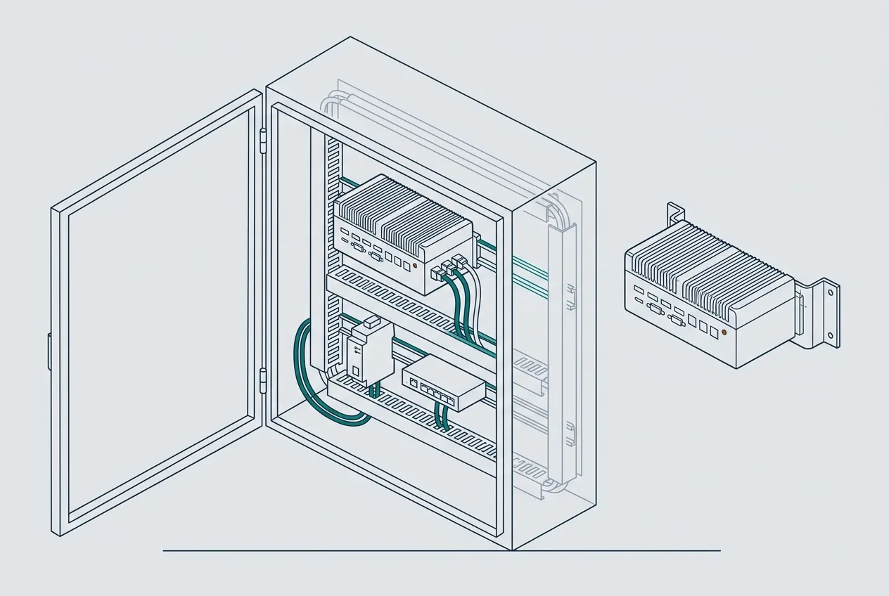 Tủ điện mở cửa với máy tính công nghiệp gắn trên ray DIN cùng bộ nguồn và switch mạng, cáp đi trong máng gọn gàng; bên cạnh là phương án gắn tường