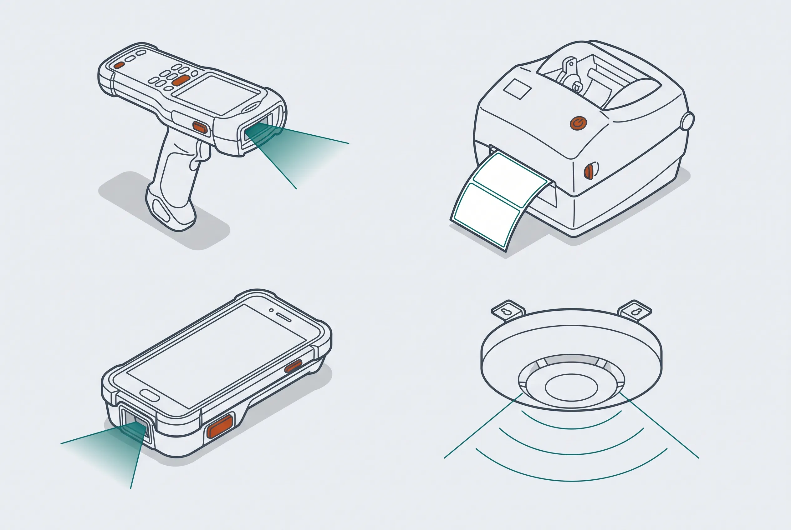 Bốn thiết bị của kho xếp thành hai hàng: máy quét cầm tay công nghiệp có tay cầm, máy in tem nhiệt để bàn đang nhả dải tem trắng, điện thoại trong vỏ chống va đập gắn đầu quét, và bộ phát sóng gắn trần với hai vòng cung phủ sóng