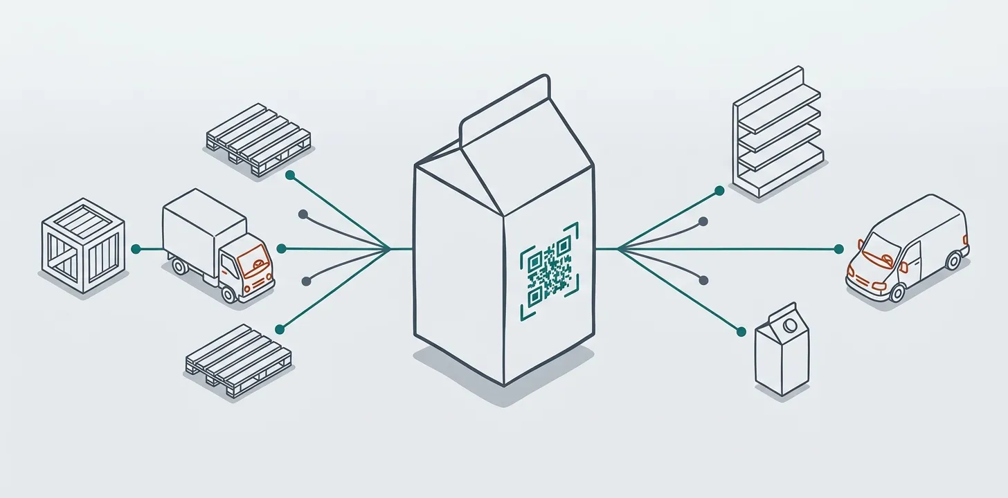Sơ đồ truy xuất một kiện hàng: kiện ở giữa mang mã QR, các đường nối toả về phía sau tới pallet, xe giao và thùng của nhà cung cấp, và toả về phía trước tới kệ bán, xe giao hàng và hộp sản phẩm tới tay người nhận